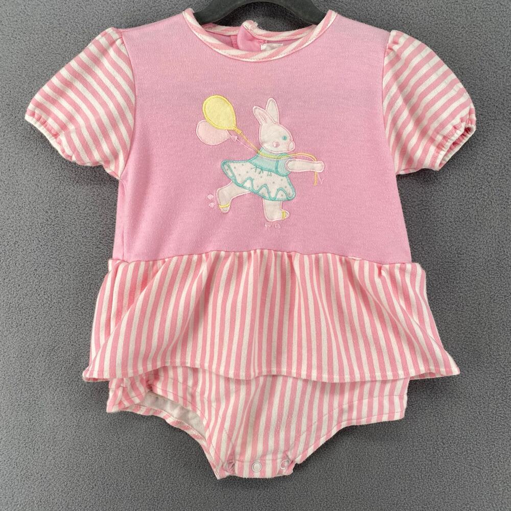 Vtg 80s 90s Lil LaMonsters Romper 24mo Pink Bunny Balloons Applique Cotton Blend